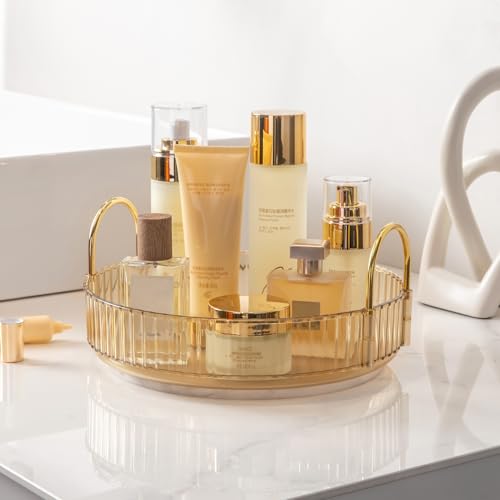 Makeup Organizer for Vanity, 360¡Æ Rotating Bathroom Organizer Countertop, High-Capacity Skincare Organizer, Spinning Cosmetics Organizer for Dresser Countertop (1 Tier, Amber)