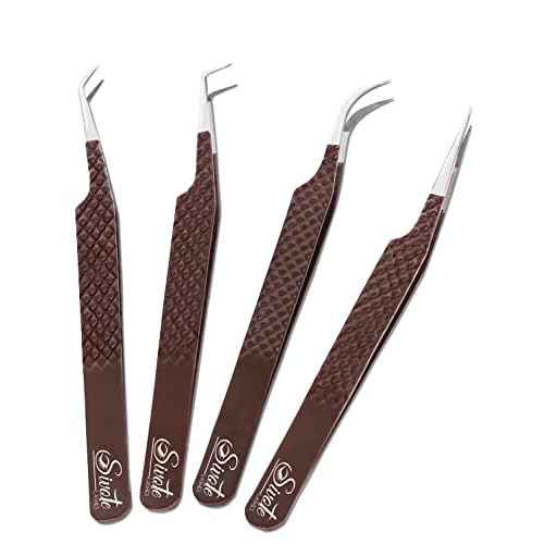 SIVOTE Lash Extension Tweezers Fiber Tips, Set of 4, Curved, Dolphin, 90 Degree & 45 Degree Tweezer, Chocolate