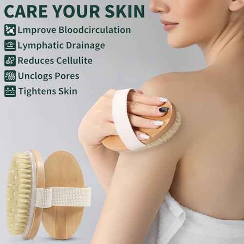 Dry Brush Set for Body & Face - Dry Brushing Body Brush with Long Handle & 3 Replacement Heads (Soft/Medium/Firm) for Lymphatic Drainage Cellulite