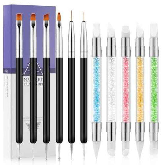 11PCS Nail Art Brushes & Nail Dotting Tools,Double Ended Tipped Silicone Nail Tools,Gel Polish Brush,Liner Brush,Dotting Pen for Home Salon DIY Kit (Black)