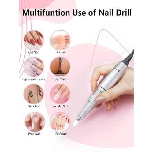 Nail Drill, Portable Electric Nail File 50000RPM, Rechargeable Nail Drill Professional with Bits for Acrylic Gel Nails, E-File Machine Manicure Polishing for Salon Home,Pink