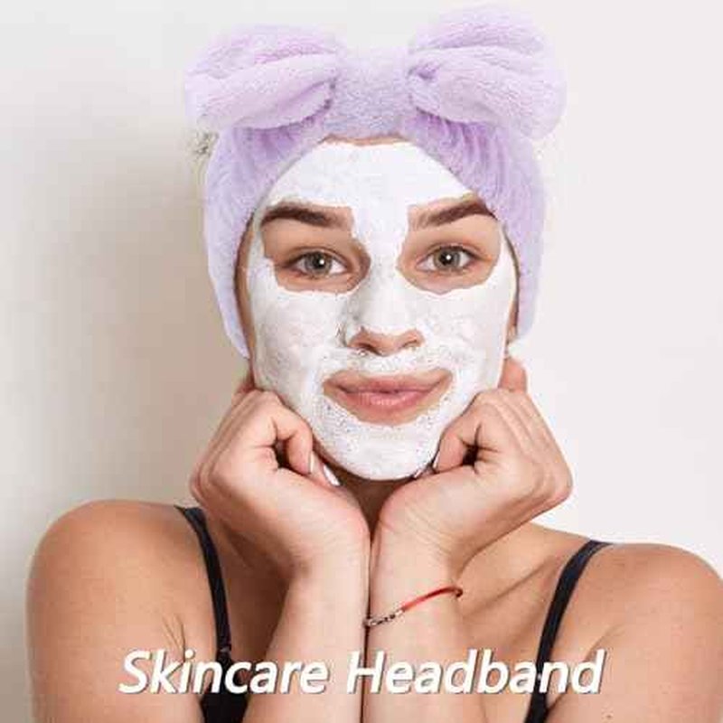 VELSCRUN Spa Headbands for Wash Face, Makeup Headband, Facial Skincare Headbands, 5 Pcs Purple Puffy Sponge Spa Headband Bow Tie Hair Band Hair Clips Wristband Set Women Girls Accessories