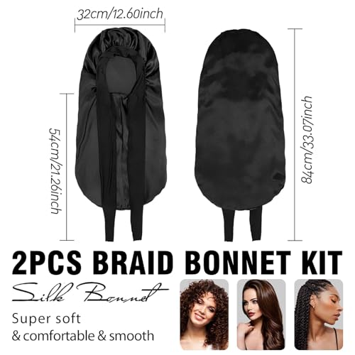 2Pcs Bonnets for Black Women Braid Bonnet, Large Long Satin Bonnet for Braids, Silk Bonnet with Stretchy Tie Band Sleep Cap Hair (2Pcs-Black&Leopard)