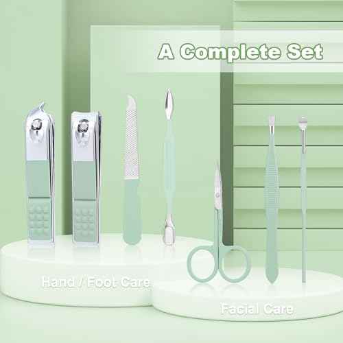 Manicure Set-Stainless Steel Nail Care Set-Professional 7 in 1 Ingrown Toenail Clipper Grooming Tool-Pedicure Kit & Toe Nail Cutter-Thick Nail Scissors Toiletries with Cuticle Trimmer (Green)