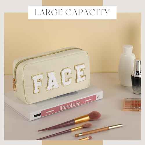 Cunno 4 Pcs Preppy Makeup Bags Chenille Letter Stuff Bag Nylon Cosmetic Pouch Cases with Zipper for Women Travel Toiletry