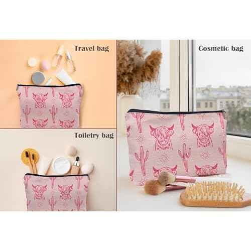 Western Cow Makeup Bag,Western Cow Gifts For Women,Cowgirl Stuff For Women,Cowgirl Gifts (Pink)