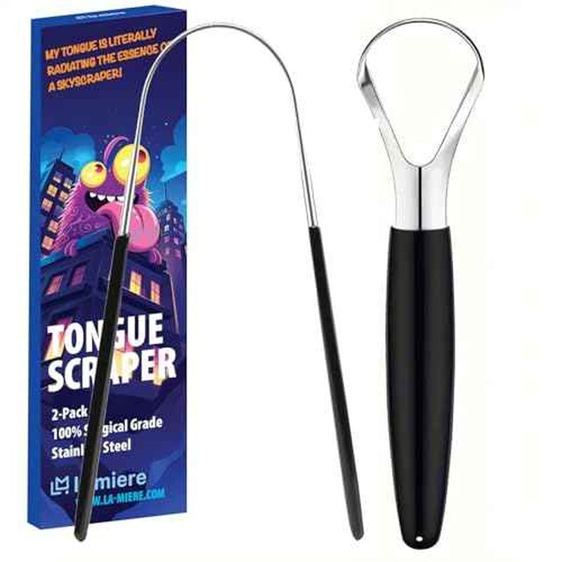LA MIERE Tongue Scraper (2 Pack), 100% Stainless Steel, Easy to Use Tongue Scra per for Adults, Tongue Cleaner for Oral Care & Hygiene, Black