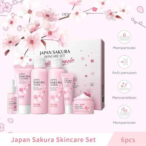 6 Pcs Skin Care Sets JAPAN SAKURA Women Beauty Gift Sets Sakura Skin Care Kit with Cleanser, Toner, Serum, Eye Cream, Lotion, Essence Cream Travel Kit for Women Teen Girls