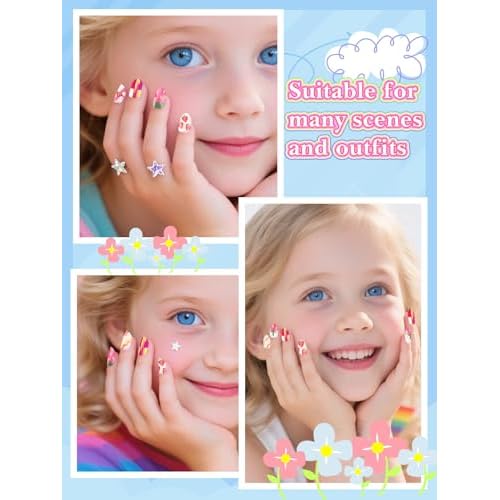 EBANKU 1 Pack Kid Fake Nail Kit, 24 Pieces Strawberries Press on Nails for Kids Almond Press on Nail Short Artificial False Nail Kits for Kids Girls