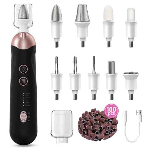 Professional Manicure Pedicure Kit, 9 in 1 Cordless Nail Drill with 100 pcs Nail Drill Bits Sanding Bands, Nail Grinder for Human, 5 Speeds, Nail Dremel Kit for Home and Salon Use