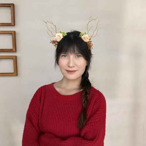 Yumikoo Deer Ears Antlers Christmas Headband - Flower Christmas Costume Hair Accessories for Women