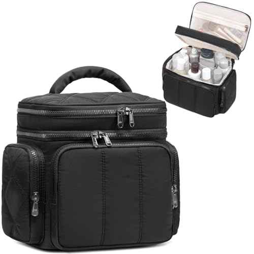LEDAOU Toiletry Bag for Women, Quilted Travel Makeup Bag Organizer with Double Deck, Large Wide-open Cosmetic Make up Bag for Travel Essentials (Black Puffy)