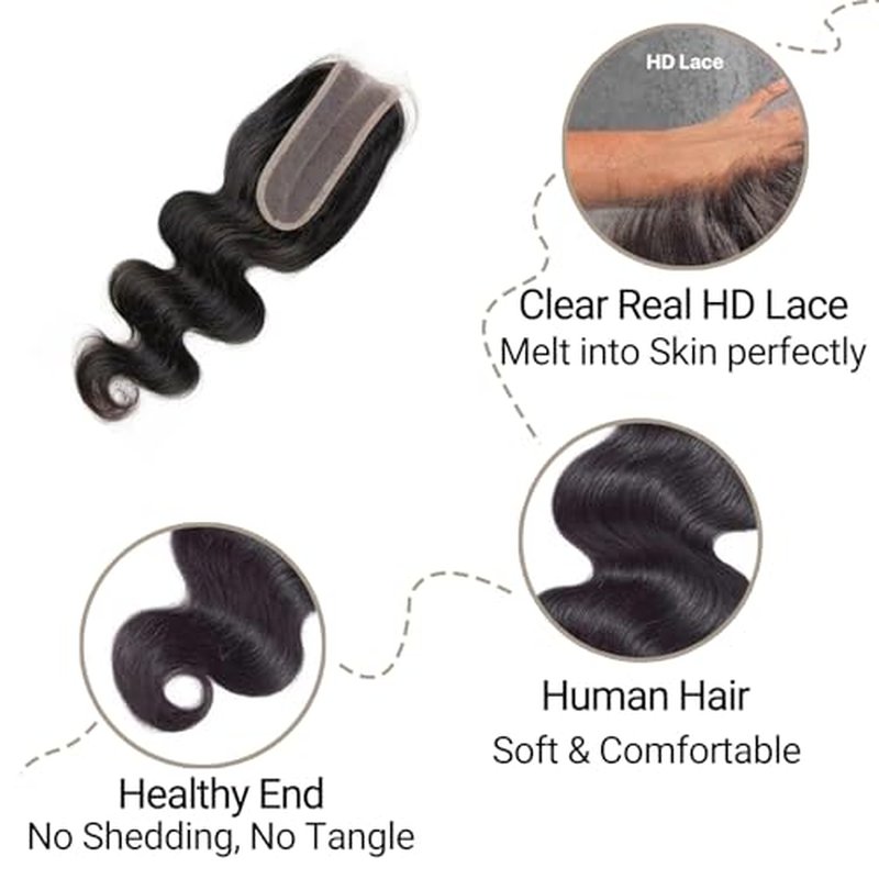 2x6 HD Lace Closure Body Wave Human Hair ? 12 Inch Ultra-Thin 0.10mm Melt Swiss Lace Closure, Pre-Plucked with Tiny Knots, Virgin Hair with Natural Hairline