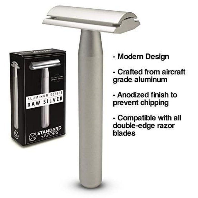 Aluminum Double Edge Safety Razor - Raw Silver | Three Piece Double Edge Safety Razor