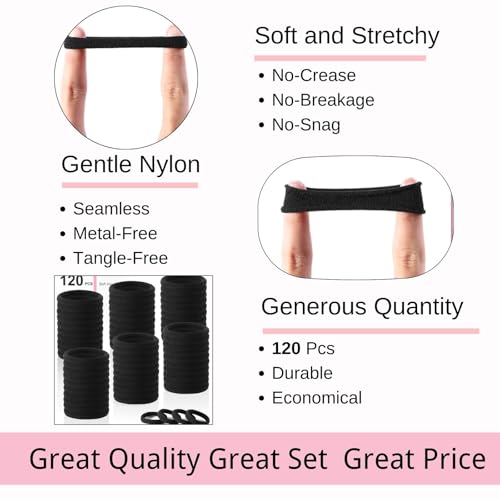 LuSeren 120PCS Black Hair Ties for Thick Hair ? Seamless No Damage Elastic Ponytail Holders, Black Hair Band,Bulk Nylon Hair Elastics for Women