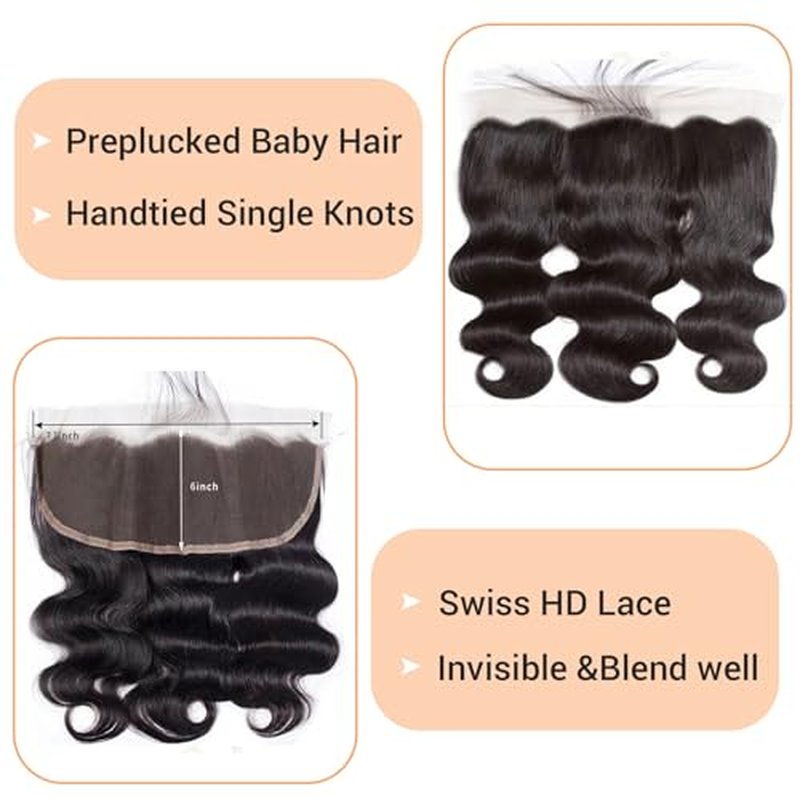 13x6 Frontal Human Hair Body Wave HD Transparent Ear to Ear Lace Frontal Closure With Baby Hair Free Part 100% Virgin Human Hair Natural Black 14 Inch