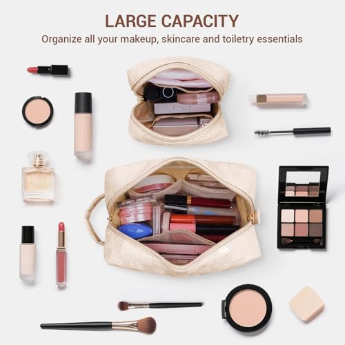 MAGEFY 2Pcs Makeup Bag, Cute Checkered Pouch with Handle, Leather Travel Makeup Pouches for purse Make Up Bag for Cosmetic, Lipstick,Beige