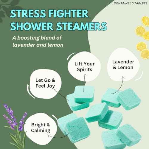Stress Fighter Shower Steamers Aromatherapy for Relaxing - Christmas Gift - Adult Stocking Stuffer - USA Made - Lavender & Lemon Shower Bomb Tablets - Soothing Natural Essential Oils (10 Pack)