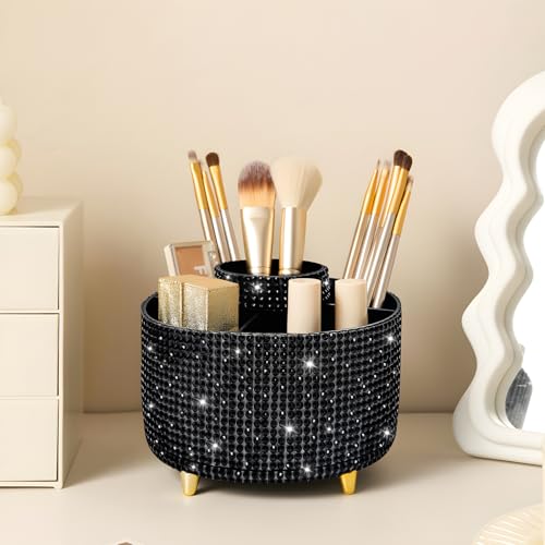 Diesisa Bling Diamond 360¡Æ Makeup Brush Holder Organizer, Rotating Makeup Brush Organizer,5 Slot Make up Brushes Cup for Cosmetics, Vanity Desktop Organizer, Gift for Women Teen Girls- Diamond Black