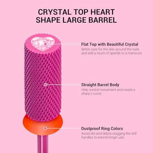MelodySusie Large Barrel 3/32'' Tungsten Carbide Nail Drill Bit, Crystal Top Pink Heart Shape, Fast Remove Acrylic Gel, Cuticle Gel Polishing for Manicure Pedicure, Pink Blossom, Series Bit-S, Fine