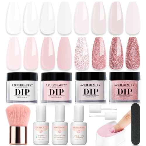 AZUREBEAUTY Dip Powder Nail Kit,4 Colors Nude Pink Glitter Hues,Starter Set for French Nails & All Seasons,Includes Base Coat, Top Coat, Activator & DIY Salon Liquids
