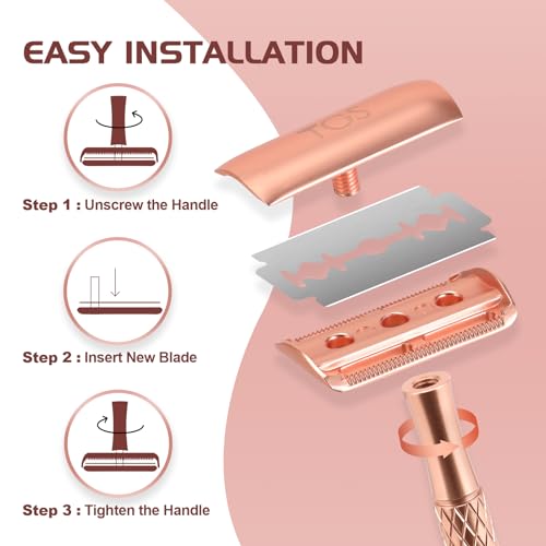 Double Edge Safety Razor for Women Rose Gold with Stand and Silicone Cover - Durable Metal Eco-Friendly Single Blade Safety Razor with 10 Blades- Closed Smooth Shave