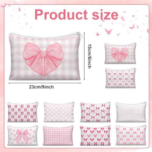 10 Pcs Pink Bow Makeup Bag Coquette Pink Bow Cosmetic Bag for Women Bow Themed Travel Zipper Pouch Coquette Party Favor for Birthday Christmas Graduation
