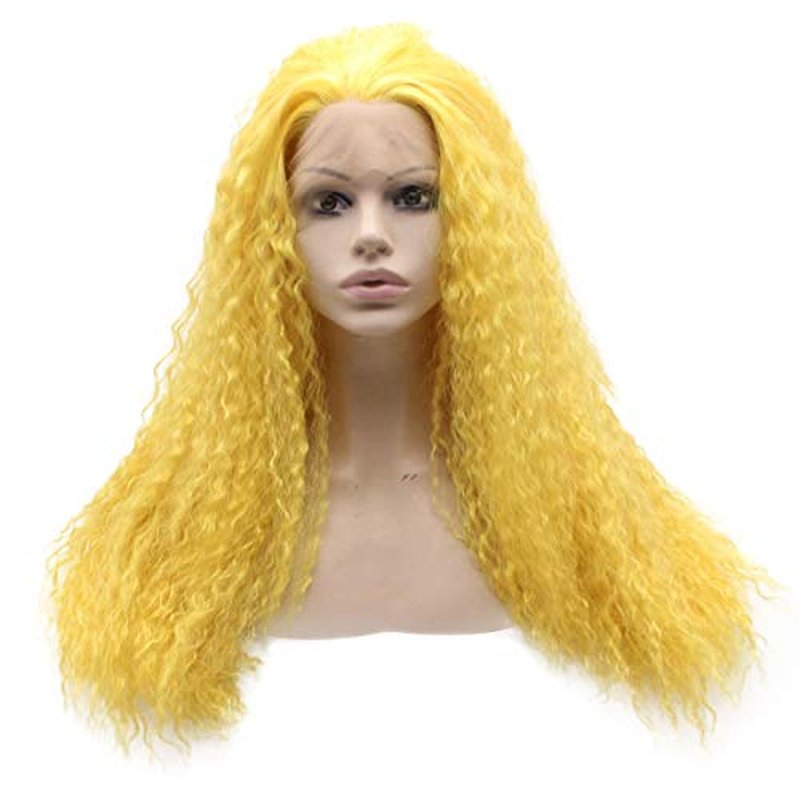 MX angel Long Curly Lace Front Synthetic Hair Yellow Cosplay Party Wig Heat Resistant Fiber