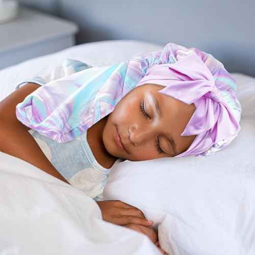 Lolalet Kids Bonnets for Girls, Long Silk Bonnet for Sleeping Kids Satin Bonnet Cap with Tie Band for Dreadlocks Braid Afro Curly Hair -1 PC, Laser