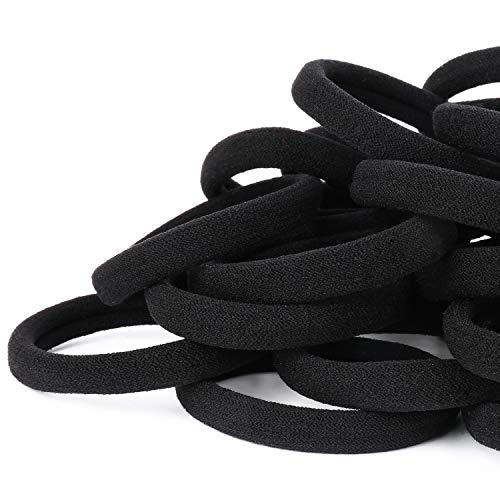 50PCS Black Hair Ties for Women, Cotton Seamless Hair Bands, Elastic Ponytail Holders, No Damage for Thick Hair, 2 Inch in Diameter, by Qarwayoc