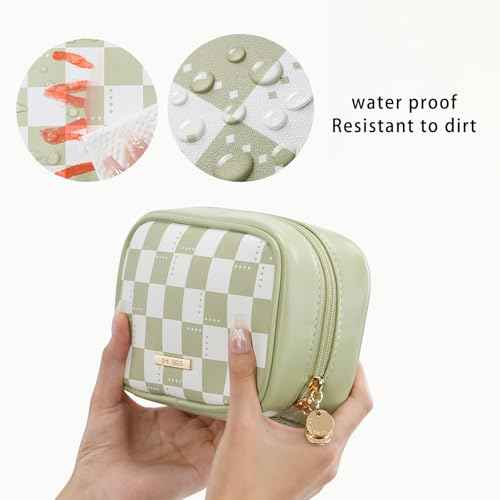 RIGHT AWAY Checkered Makeup Bag for Purse,Small Cosmetic Bag Organizer for Women, Travel Make Up Pouch Waterproof Toiletry Bag Cute Makeup Case for Travel Accessories(Green Checkerboard)