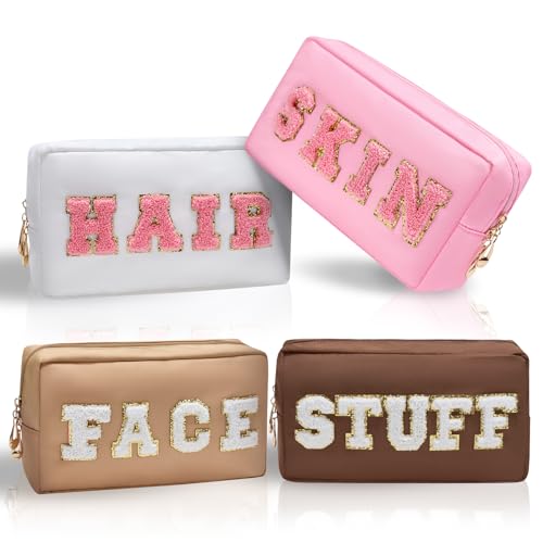 Preppy Makeup Bags Stoney Clover 4 Pcs Travel Organizer Patch Bag Large Varsity Chenille Letter Cosmetic Toiletry Preppy Stuff Cute Bags Portable Pouch Storage Purse Bag Set
