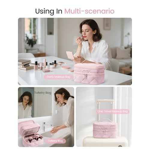 LOVEVOOK Travel Makeup Bag,Large Open Flat Tolietry Bag for Women,Waterproof Portable Cosmetic Pouch,Double Layer Quilted Makeup Bag Organizer With Handle,Travel Essentials,Gift for Her