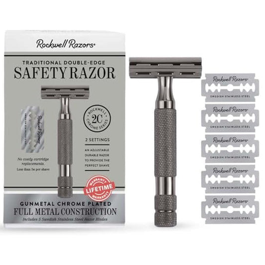ROCKWELL RAZORS 2C Gunmetal Chrome Double Edge Safety Razor With Adjustable Shave Settings and 5 Fully Recyclable Razor Blades. Reusable Safety Razors for Men and Women