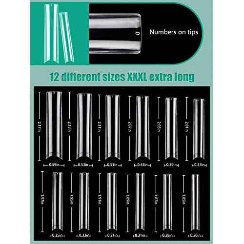 504 PCS No C Curve Clear Nail Tips for Acrylic Nails Professional, 3XL Extra Long, 12 Sizes Half Cover Straight Tapered Square French Fake Nail Tips for Nail Salons Home DIY