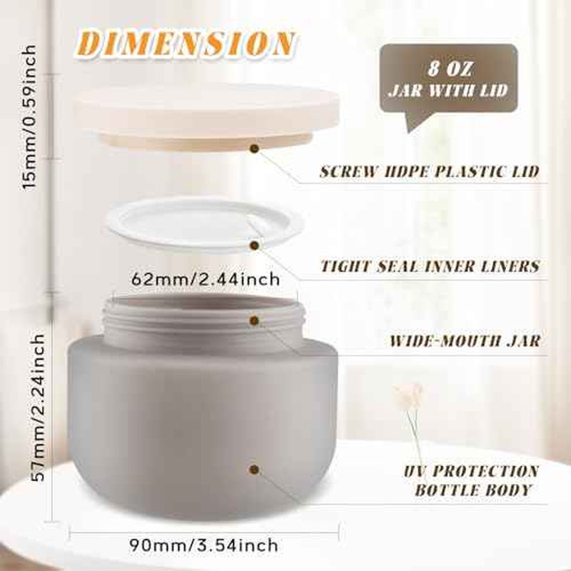 4 Pack 8 OZ Plastic Jars Round Cosmetic Container with Lids,Wide Mouth Soft Slime Jars for Lotion,Hand Cream,Ointments,Makeup,Body Butter,Rhinestone,Samples Pot Travel Make Up Storage (Grey)