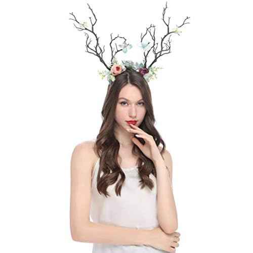 XIDAJIE Deer Antler Flower Crown Headbands Halloween Chritmas Long Antler Flower Branches Headband Props Horns Headpieces Hair Band Photo Shoot Forest Goddess Headdress Headwear, Navy
