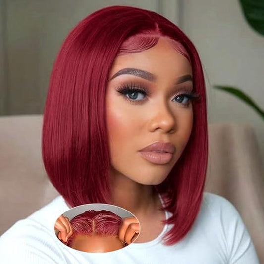 Burgundy Bob Wig Human Hair 5x5 HD Lace Closure Wigs Human Hair Glueless Straight Bob Wigs for Black Women Pre Plucked and Pre Bleached Knots Pre Cut Wear and Go 200 Density 12 Inch Short Wig