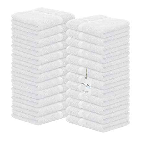 Avalon Towels Cotton Washcloths ? (Pack of 24) Size 12x12 Inches, 100% Ring Spun Cotton, Soft & Absorbent Face Towels, Gym Towels, Hotel and Spa Quality, Reusable Fingertip Towels (White)