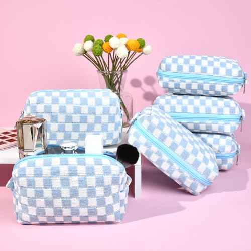 SOIDRAM Checkered Makeup Bag Preppy Cosmetic Bag Bulk Blue Makeup Pouch Personalize Travel Toiletry Bag Organizer Cute DIY Makeup Brushes Storage Bag for Women