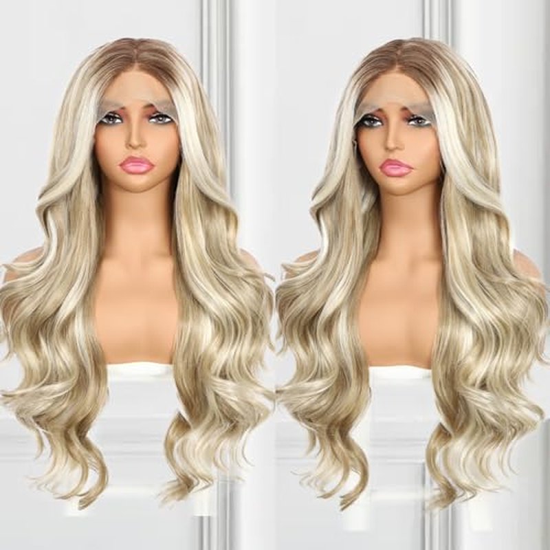 Highlight Blonde Lace Front Wig for Women 13x4 Body Wave Synthetic Wigs Balayage Pre-plucked Long Wavy Wig 150% Density Heat Resistant Hair Replacement Wigs 26 Inch