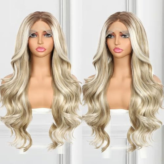 Highlight Blonde Lace Front Wig for Women 13x4 Body Wave Synthetic Wigs Balayage Pre-plucked Long Wavy Wig 150% Density Heat Resistant Hair Replacement Wigs 26 Inch