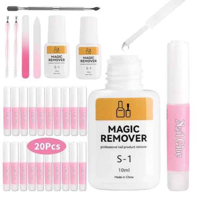 TADOPRO Nail Glue & Remover Set, 20Pcs Press on Nail Glue Strong 2Pcs 10ML Nail Glue Remover with 3 Cuticle Pusher 2 Nail File Easy to Apply Nail Tips & Acrylic Fake Nails Quick Drying Adhesive