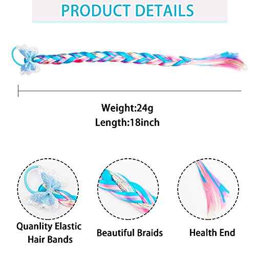 8 Pieces Colored Braids Hair Extensions with Rubber Bands Ponytails Hair Bows Rainbow Color Synthetic Hairpieces Glitter Braided Hair Extensions for Women Kids Girls Party Highlights Cosplay Dress Up