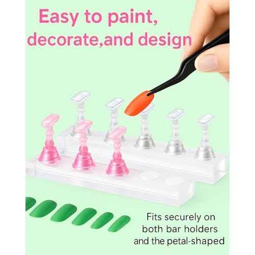 Nail Stand for Press On Nails ? 2 Set Acrylic Nail Holders For Painting Nails, 10 Nail Stand, 60Pcs Adhesive Putty Clay, 1 Flower Shaped Base & Tweezer ? Nail Art Practice Kit for Salon & Home