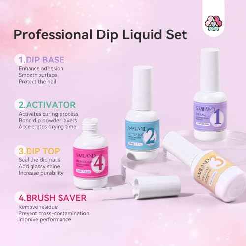 SAVILAND Dip Powder Liquid Set: 4 Pcs Nail Dip Liquid Set with HEMA-free Base Activator Top Coat and Brush Saver 15 ml/0.5 Fl.oz Dipping System Essentials No Curing Home Use DIY Salon Art
