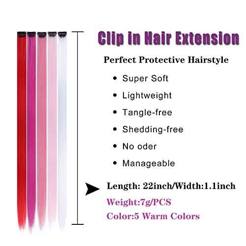 Colored Clip in Hair Extensions for Girls 25 pcs Straight Fashion Hairpieces for Party Highlights (5 warm colors,Red,Rose red,Peach red,Light Pink,White)