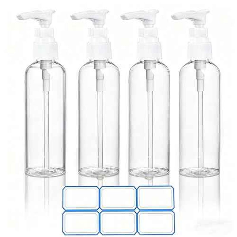 4 Pack 3.4 Oz (100ml) TSA Approved Travel Pump Bottles for Toiletries Clear Travel Size Bottles Leak Proof with Labels