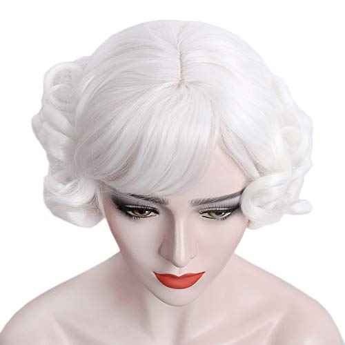 White Short Curly Womens Wig Heat Resistant Synthetic Hair for old lady Halloween Christmas mrs Santa Anime Cosplay costume Daily Wig