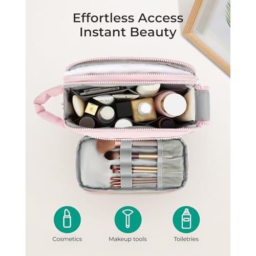 Travel Toiletry Bag for Women, Wide-open Makeup Bag Organizer, Puffy Make Up Case, Large Capacity Cosmetic Organizer for Women for Travel Essentials Toiletries Accessories (Nude Pink)